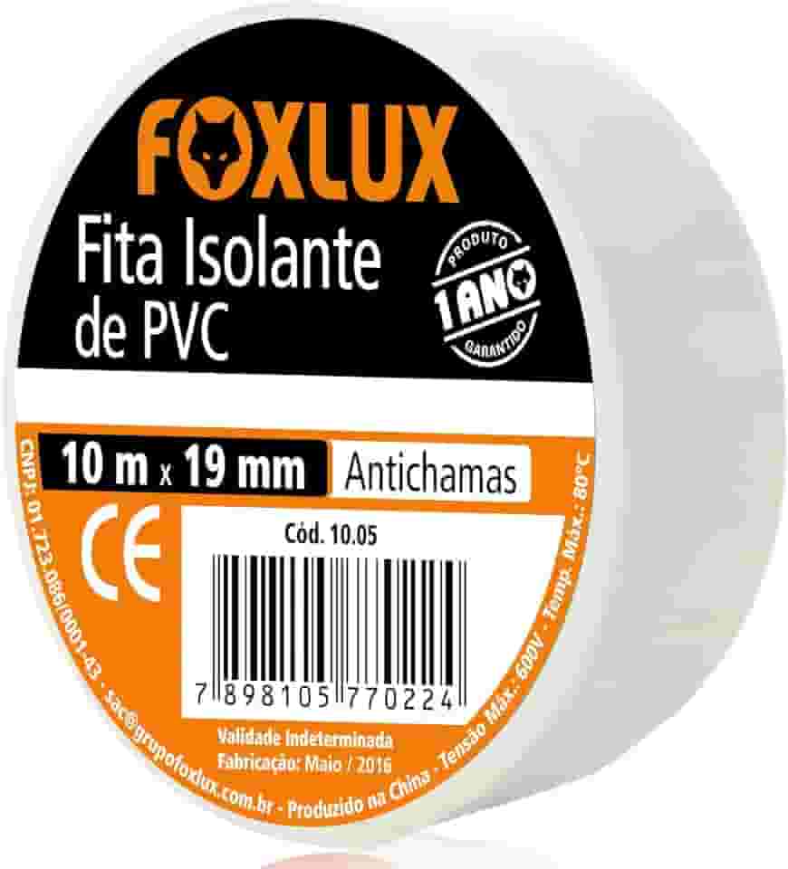 Fita Isolante Foxlux – PVC Antichamas – 10m x 19mm – Espessura: 0,15mm – Alta Elasticidade – Isola fios com tensão até 600V – Branca