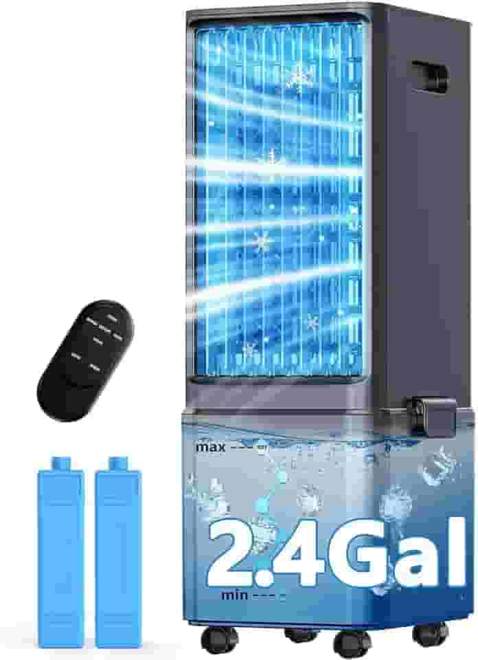 Ar condicionado sem janelas com 4 modos e 3 velocidades, alerta sem água, tanque de 2,4 galões para resfriamento de 20H, temporizador de 12H, controle remoto de 20 m, refrigerador de ar