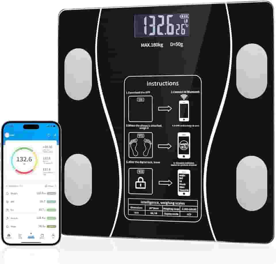 Balança de Bioimpedância Digital 180Kg com App OKOK Bluetooth | IMC, Gordura Corporal, Músculos, Visceral | Vidro Temperado, Alta Precisão
