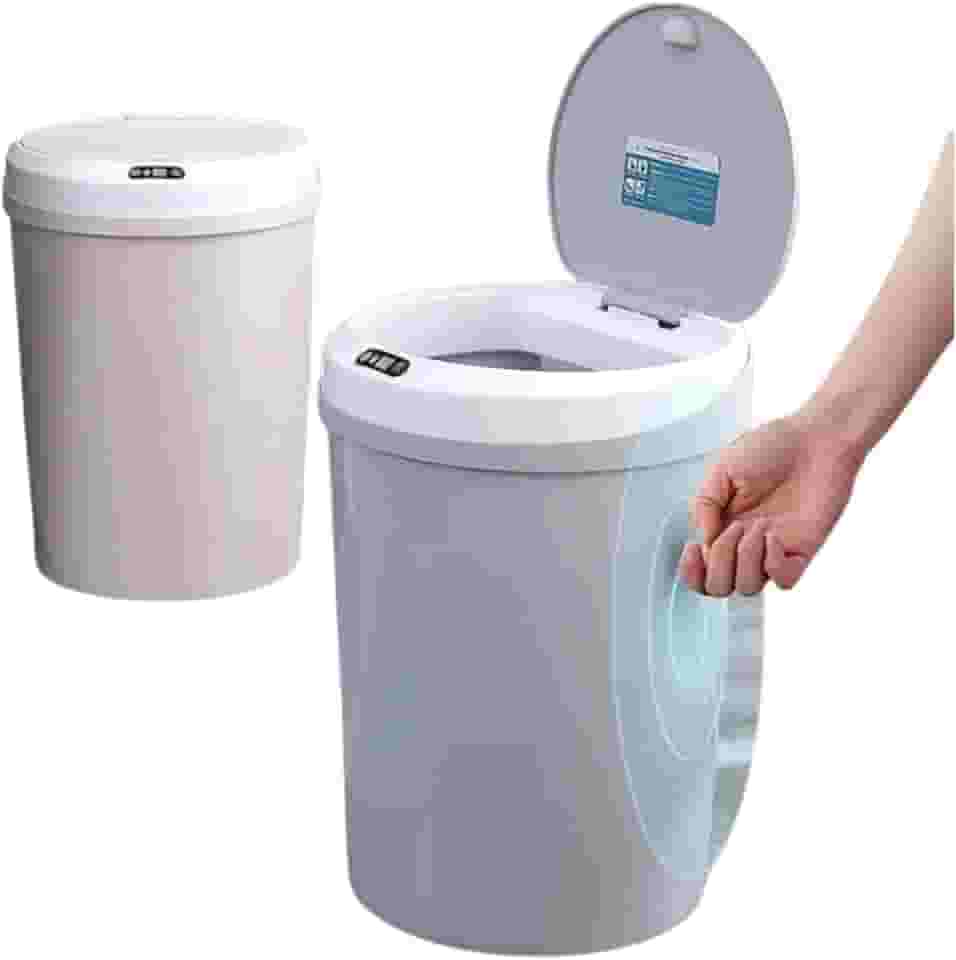 Lixeira Inteligente 5L Sensor de Proximidade, abre/fecha automático, USB recarregável. Compacta, Higiênica (18x21,5cm), ideal para cozinha, banheiro e fraldário. Design cinza neutro.