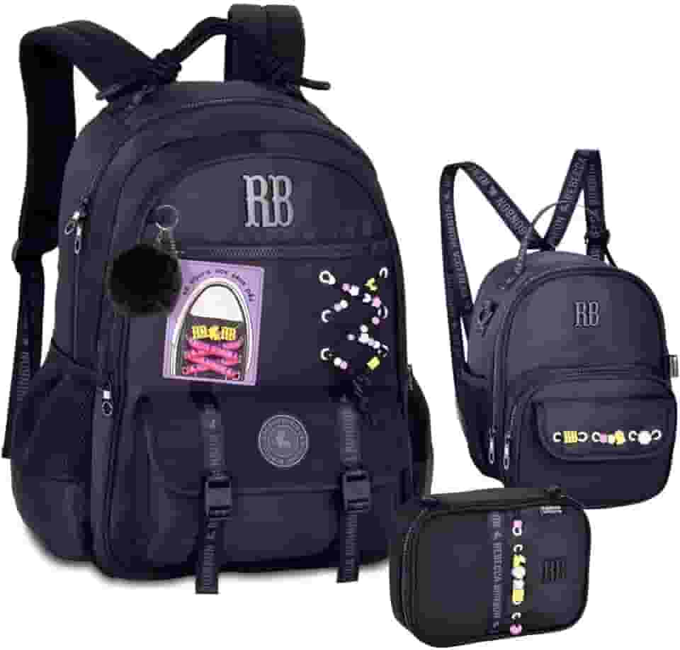 Kit Mochila de Costas Estojo Box e Lancheira 2x1 RB Rebec Bonbon Beaded Fun Escolar Trabalho Faculdade Preto