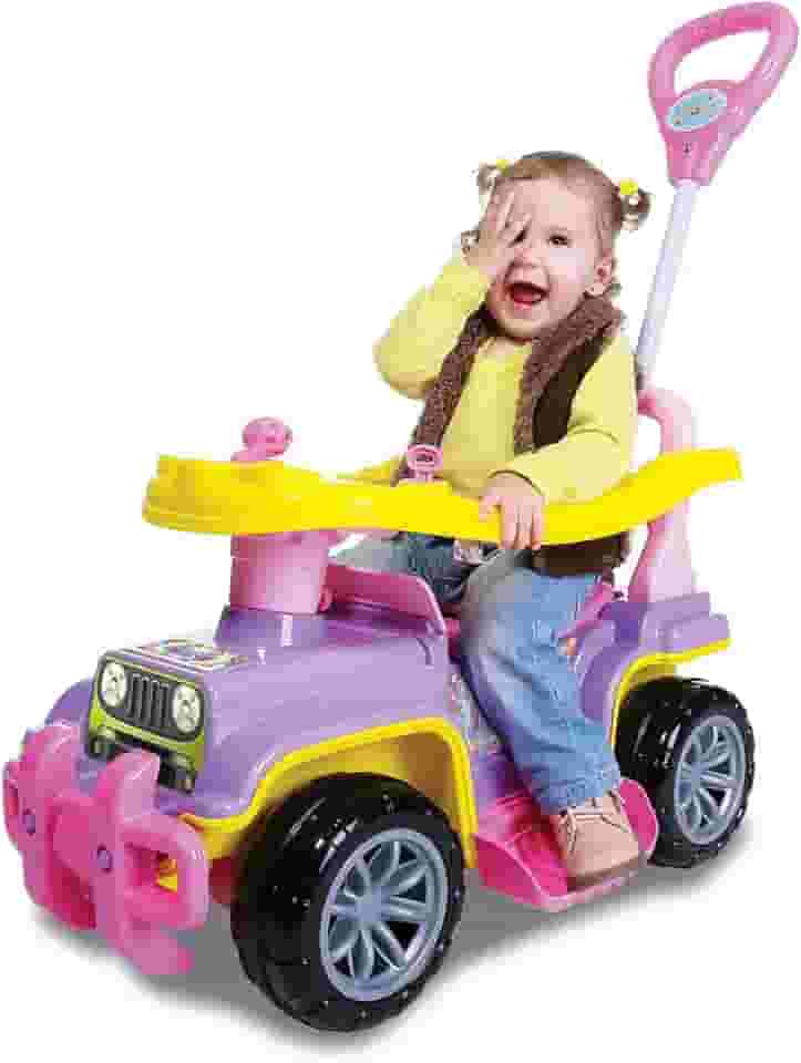 Carrinho de Passeio Jipe, Quadriciclo Infantil, Menina, com Haste, Veiculo Andador para Criança e Bebê, Maral, Jip Jip Rosa e Amarelo