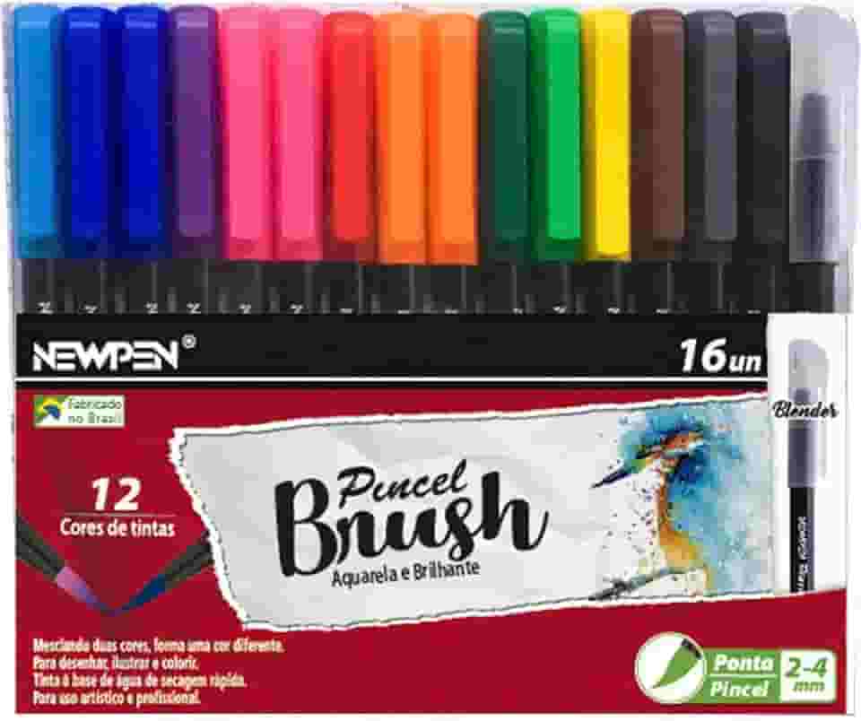 Caneta Ponta Pincel, Newpen, Brush Pen, Newpen, 15 Cores + 1 Blender, 16 unidades
