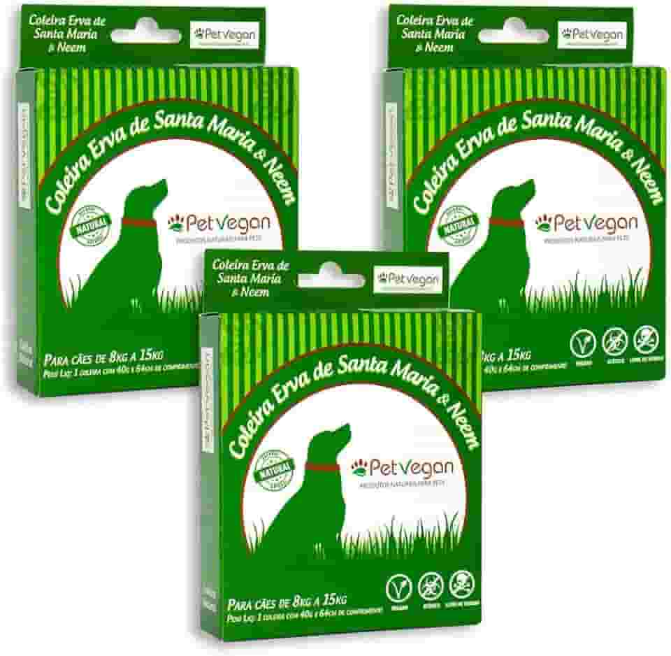 Kit 3 Coleira PetVegan Antipulgas Anticarrapatos Para Cães 8 a 15kg Vegana e Segura
