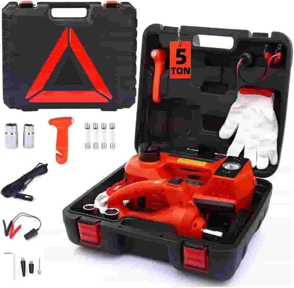 Kit de Macaco Eletrico para Carro 12v, 5 Toneladas Macaco Hidráulico com Chave de Impacto e Inflador de Pneus, Ideal para Carros Esportivos, Sedãs e EVs Inflação Rápida e Segura