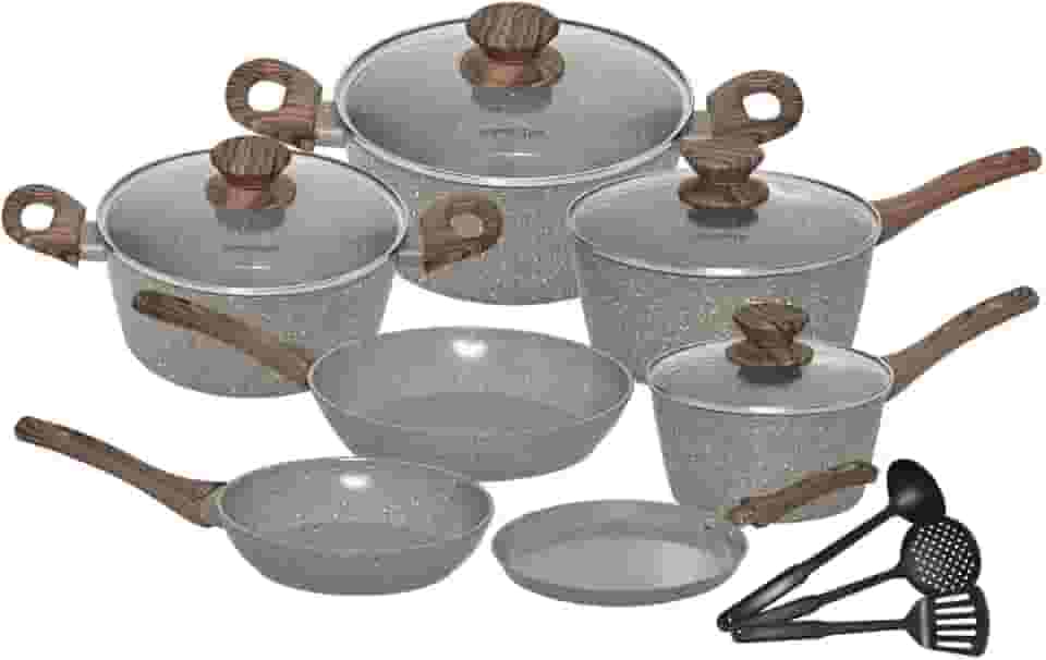 Mimo Style Conjunto 7 panelas de indução + 3 acessórios, Aluminio, 2 camadas de revestimento cerâmico, 1 camada resistente à alta temperatura (Grafitto)