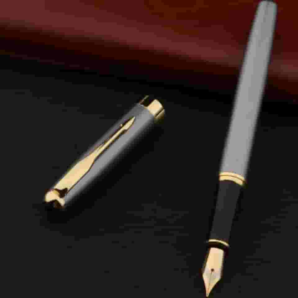 Caneta Tinteiro Pena Luxo Presente Prata Escuro Ponta Fina