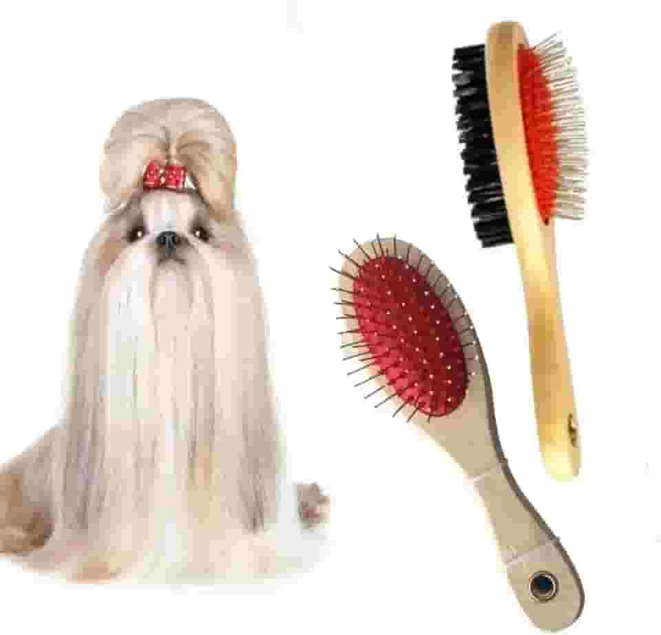 Escova Dupla para Pelos Longos de Cachorros e Gatos com Cabo de Madeira para Desembaraçar Pelos de Pet