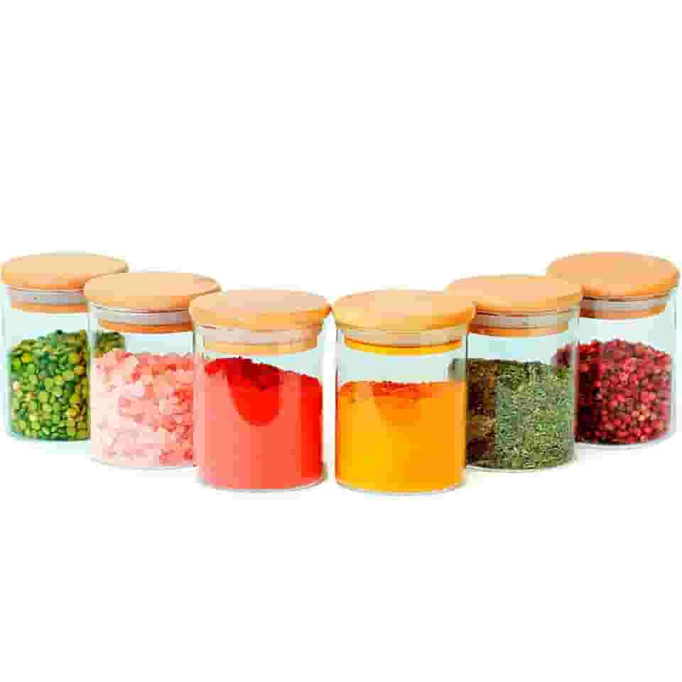 Kit 6 Potes de Vidro 200ml Herméticos com Tampa de Bambu para Mantimentos Cozinha Alimentos