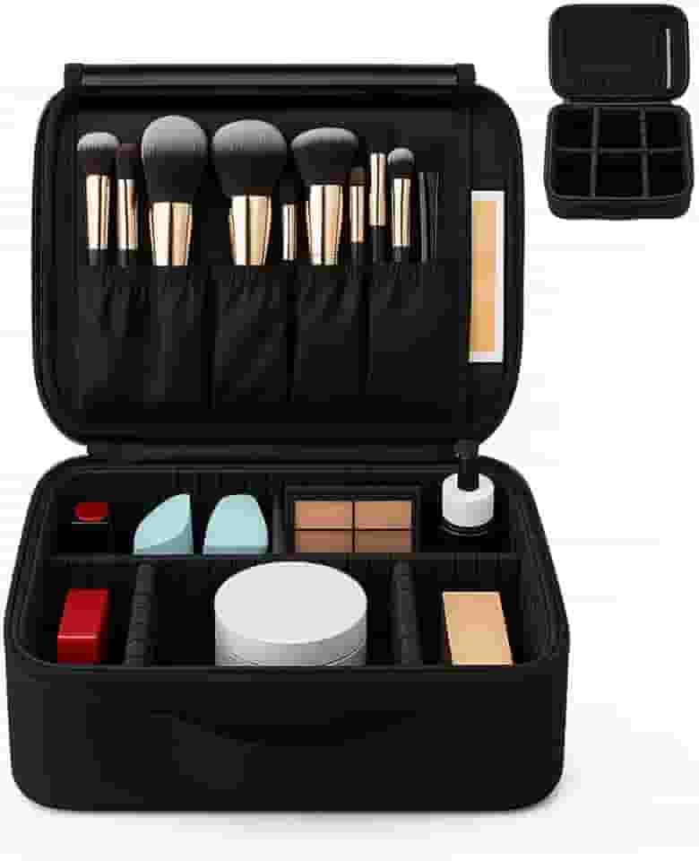Maleta Necessaire Profissional para Maquiagem, 25 x 23 x 10 cm, Preta, com Divisórias Ajustáveis, Porta Pincéis, Impermeável, Ideal para Viagem