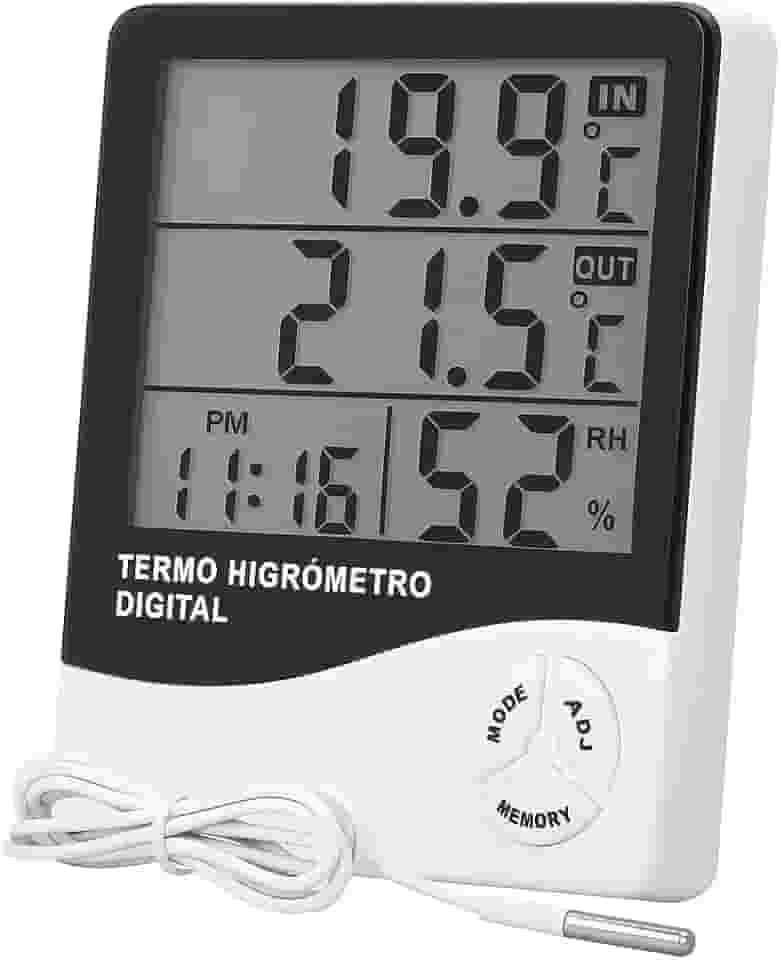 Termômetro e Higrômetro Digital Alta Precisão Memória de Máx e Mín, Relógio Integrado, Display Fácil Leitura Qualidade Premium