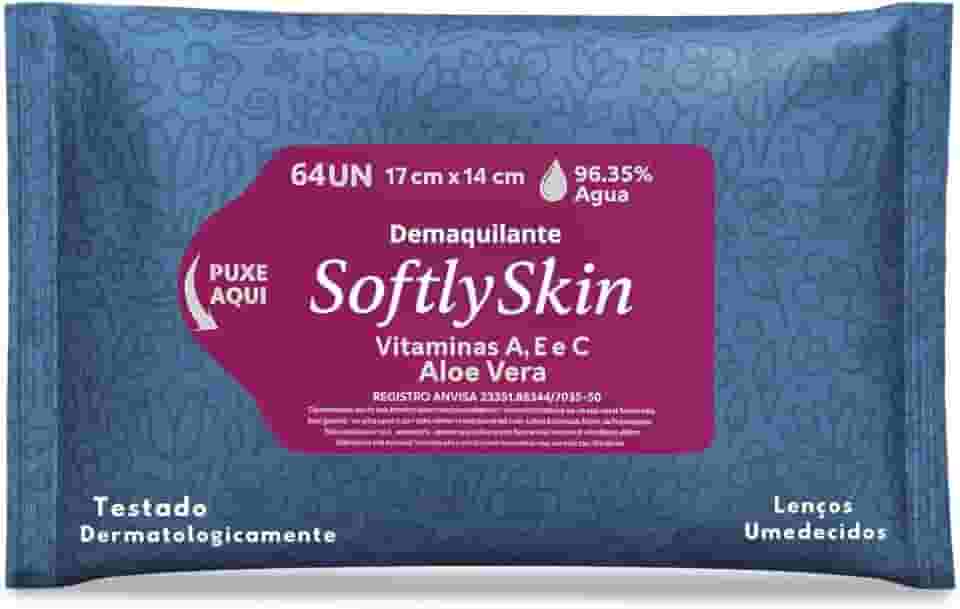 64Un Lenço Umedecido Demaquilante Softly Skin - Com Vitaminas - Suave, Eficaz e Ideal para Remoção de Maquiagem e Cuidados com a Pele