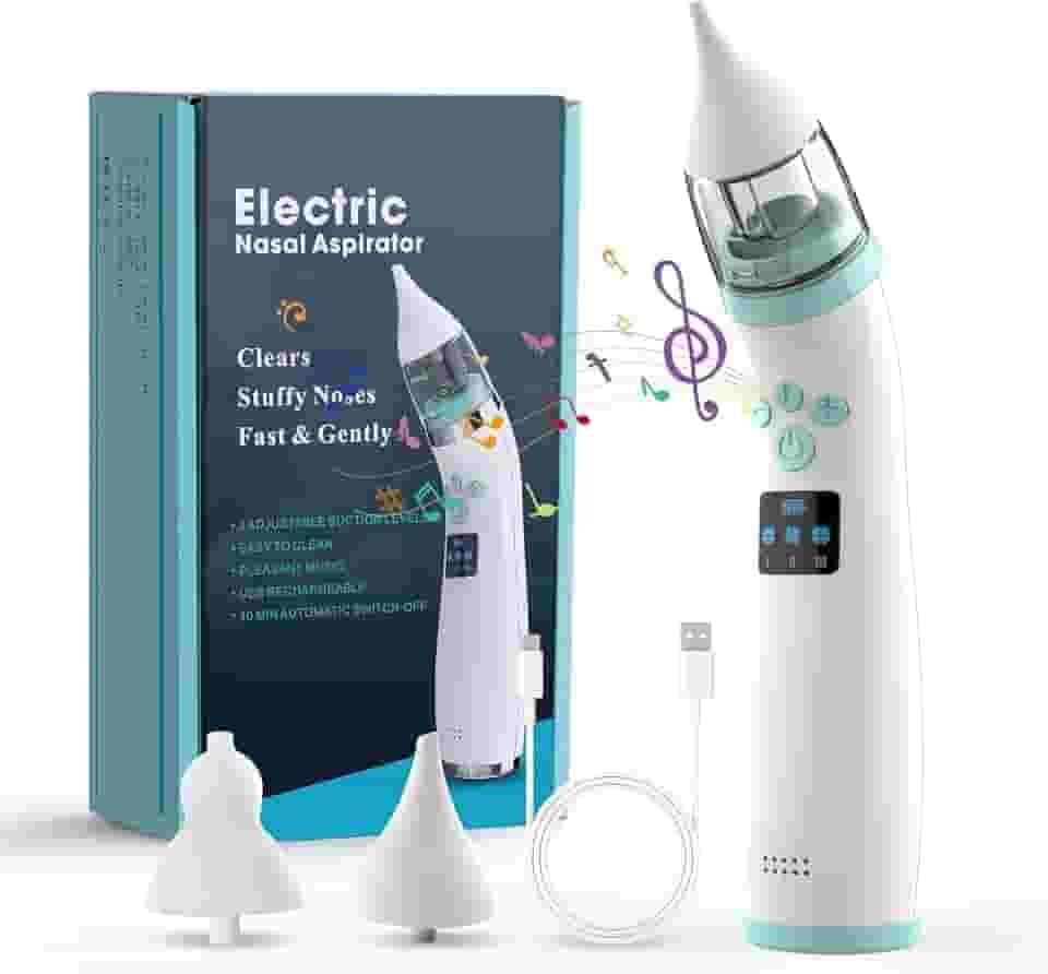 Aspirador Nasal Bebe Eletrico, Sugador Nasal Bebe Recarregável, Aspirador Nasal Bebe com 2 Cabeças de Silicone, 3 Níveis de Sucção Ajustáveis, Música e Calmante Leve