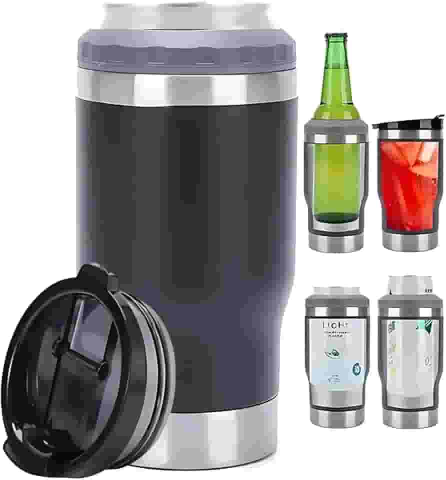 Caneca Porta Latas e Isolador 4 em 1 para Lata Fina e Padrão de 355ml e Long Neck de Cerveja. Copo Térmico de Aço Inoxidável Isolado a Vácuo e Termocooler (Preto)