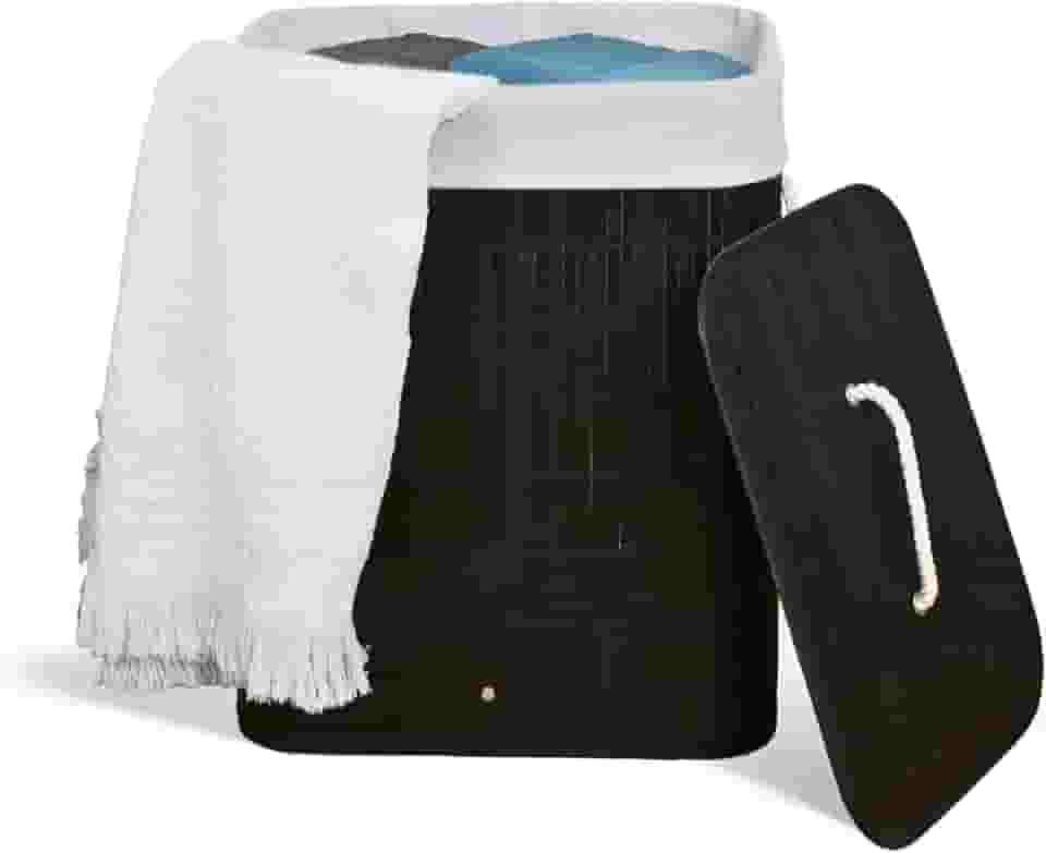 Cesto De Roupa Suja com Alças Em Bambu Com Tampa Forrado Banheiro Lavanderia Quarto