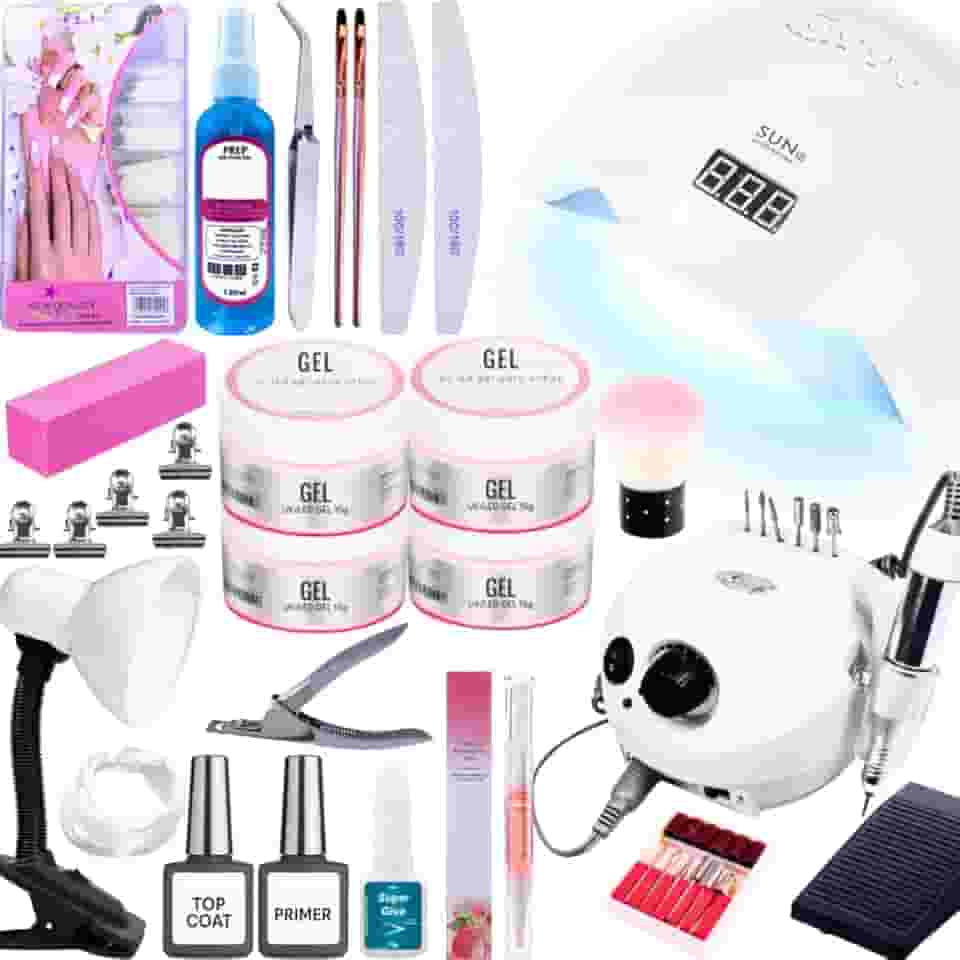 Kit Unhas Gel Acrigel Lixadeira Eletrica Motor Porquinho Cabine Sun5 48wTop Coat Primer Luminária
