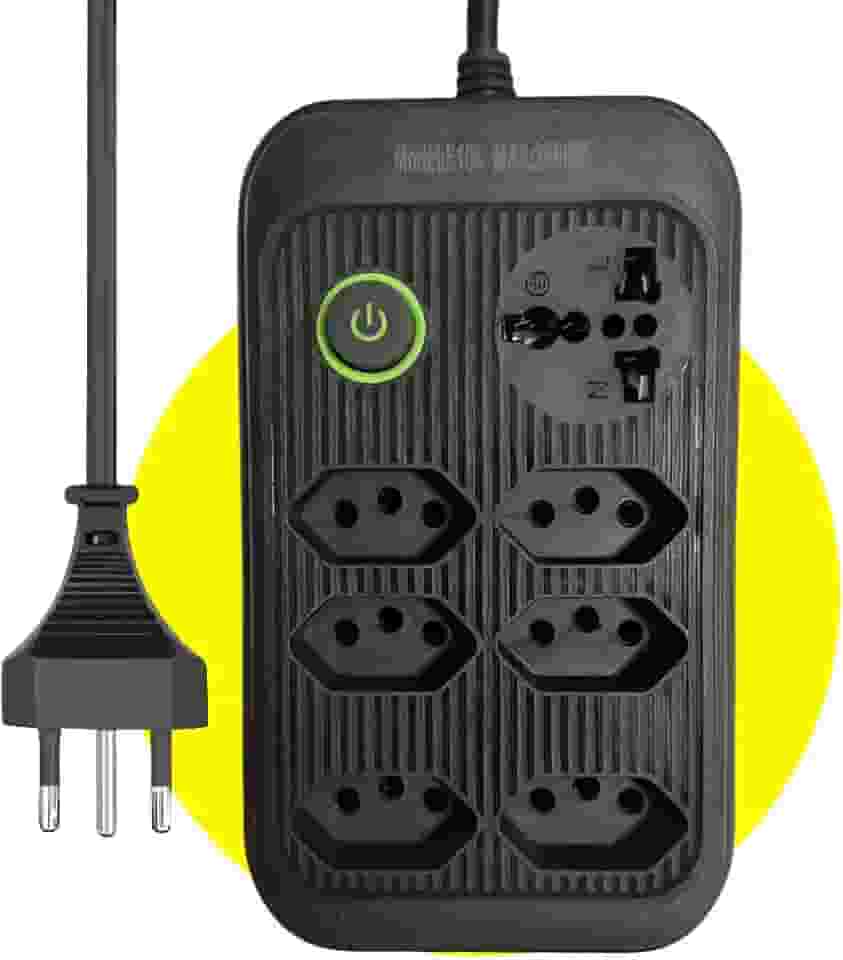 Extensão Tomada Régua Elétrica 6 Tomadas, 1 tomada Universal, Cabo de Alimentação de 3 metros, Suporte a Tensão de 110-220V Filtro de Linha Bivolt Potência de 2500W, Preto