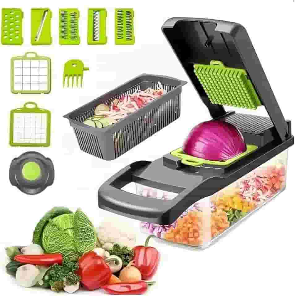 Cortador de Legumes Multifuncional, 8 Lâminas Intercambiáveis, Fatiador e Ralador com Recipiente, Cinza e Verde