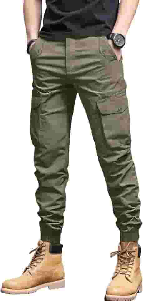 Calça cargo masculina casual afunilada slim fit punhos joggers calça de moletom tática com cordão com vários bolsos