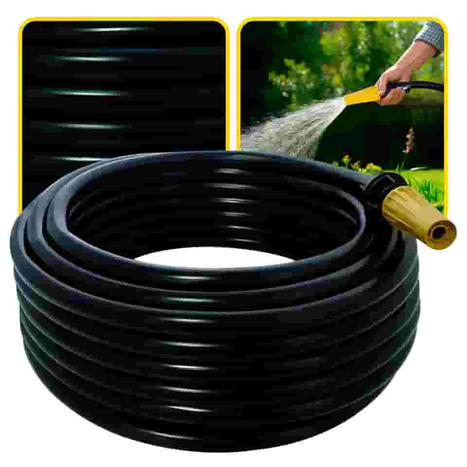 Mangueira de Jardim Antitorção com Parede Reforçada e Esguicho e União Adaptador de Torneiras Acoplados (Mangueira Preta, 10 metros)