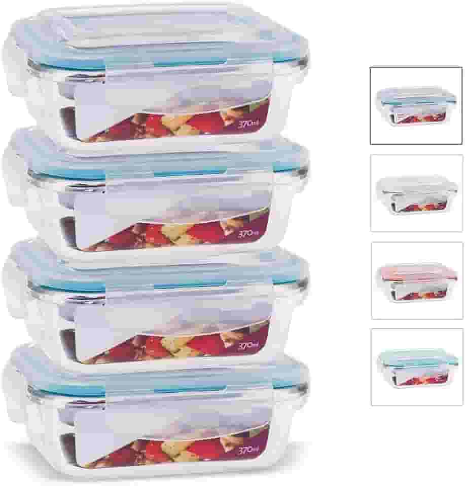 KIT 4 Potes de Vidro Retangular com Tampa Hermética 370ml Cor:Azul (QH)