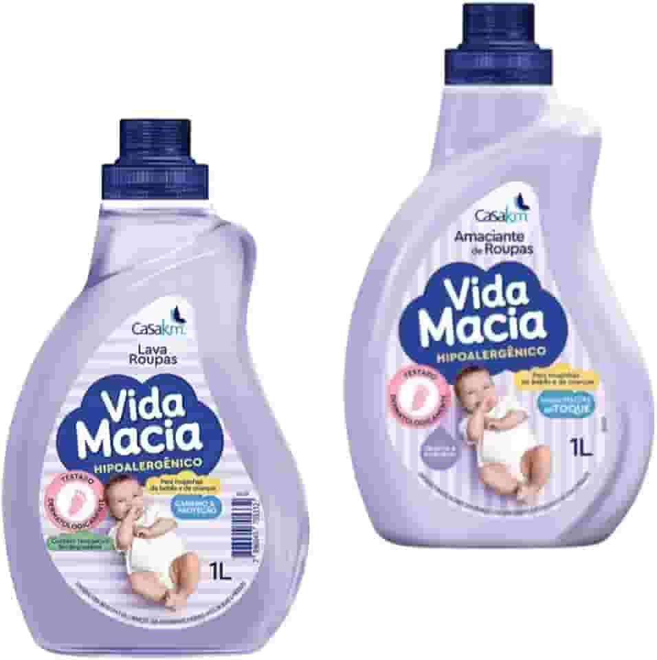 Kit Vida Macia 1 Litro para roupinhas de Bebê: Lava Roupas + Amaciante Amêndoas Lava Roupas e Amaciante para roupinhas infantil.