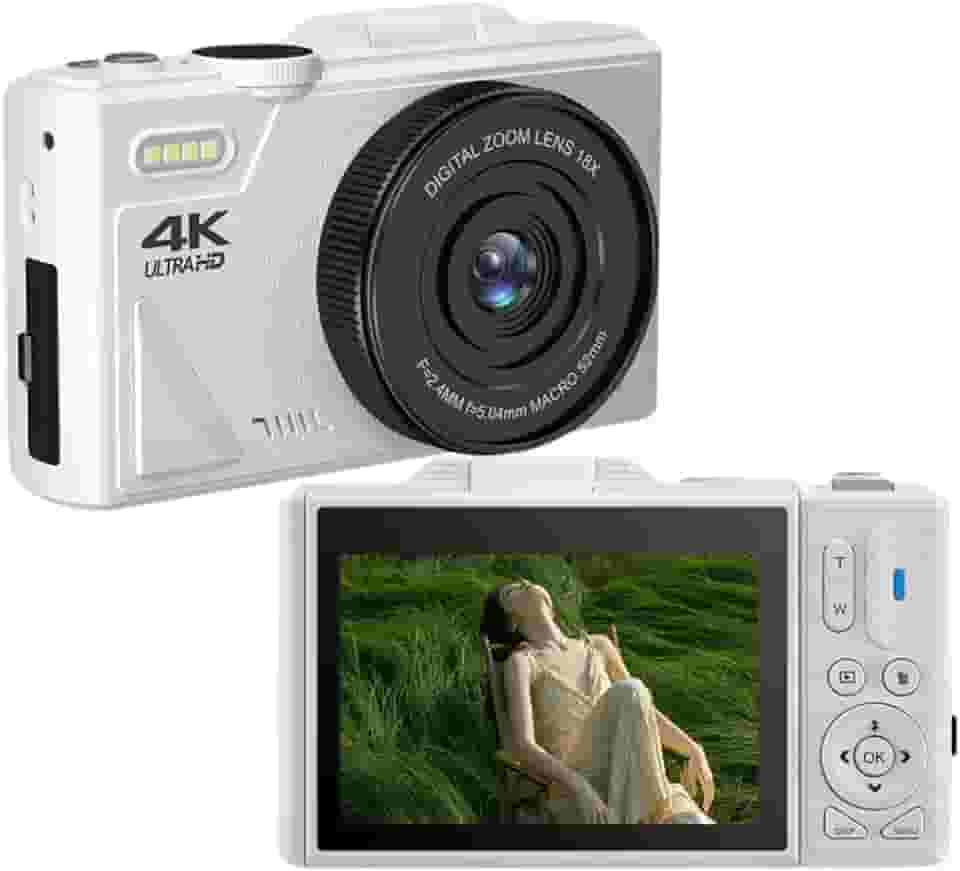 Câmera digital 4K, tela flip de 3 polegadas 64MP UHD 18X Zoom Câmera compacta retrô com foco automático, câmera portátil com função de webcam, para vlogging de fotografia de viagem (branca)
