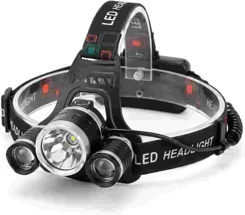 Lanterna de Cabeça LED Profissional, 3 Lâmpadas, Faixa Ajustável, Iluminação Potente, Preta, para Camping e Atividades Noturnas