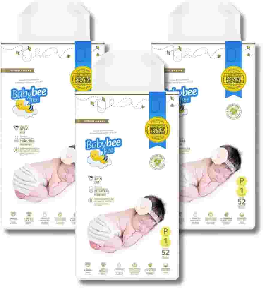 Kit Fraldas Premium Baby Bee Free, Dermoprotetora, Bebê pele sensível, 12h de Absorção, Proteção Dermatológica (P (3KG A 6KG))
