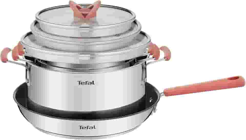 Jogo de Panelas Inox Tefal Opti’Space 4 Peças – Fundo Triplo para Indução, Frigideira Antiaderente com Thermo-Sinal, Caçarolas com Medidas Internas e Design Empilhável