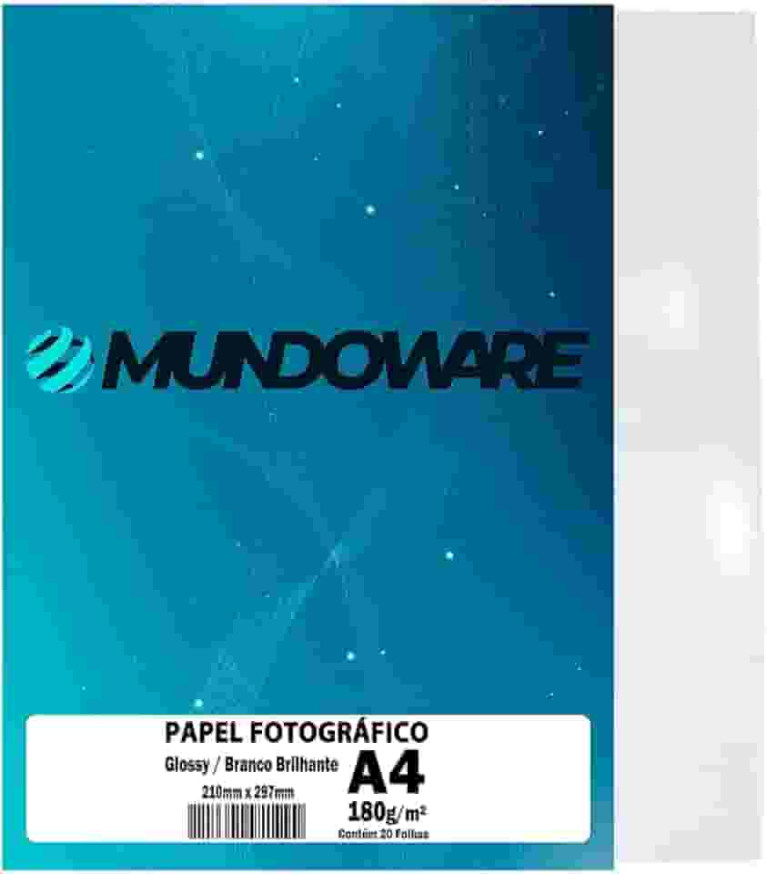 Papel Fotográfico Glossy Branco Brilhante Mundoware – Diversas Gramaturas e Tamanhos (Branco 180g - 20 Folhas, A4)