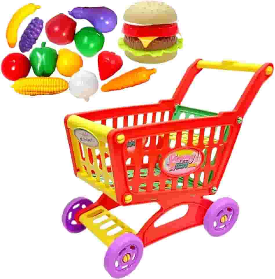 Carrinho de Supermercado com Compras com 12 Frutas e Legumes + Hambúrguer de montar