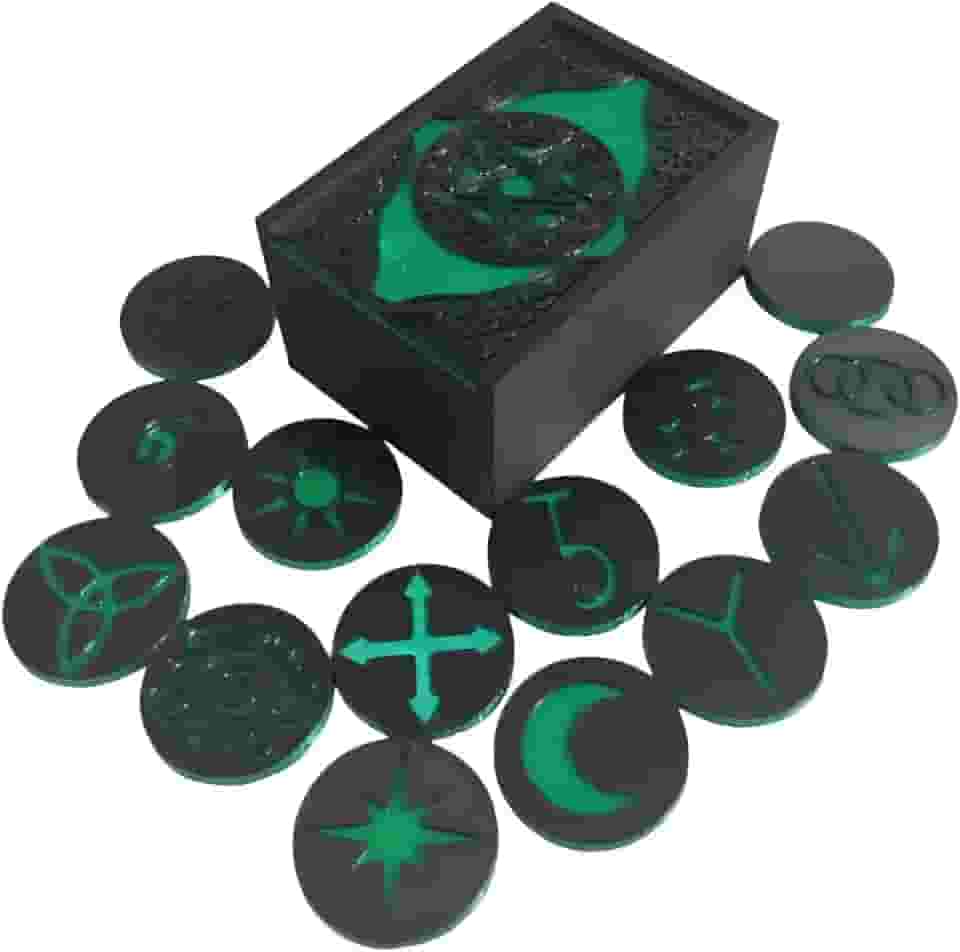 Caixa de Runas das Bruxas Preta com Pentagrama, 14 Peças com Símbolos Verdes, Conjunto de Runas Místicas para Adivinhação