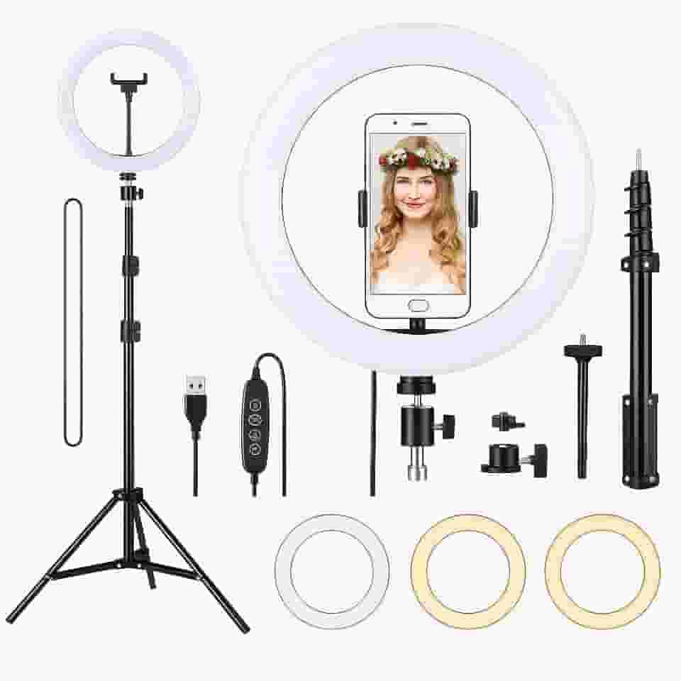 Top 1 Ring Light 10'' Profissional 26cm Tripé 2,1m Anel de Luz LED 3 Cores Branca Quente Neutra Celular Bluetooth Maquiagem Live YouTube TikTok Vídeos Selfie Estúdio Fotografia Aula Online
