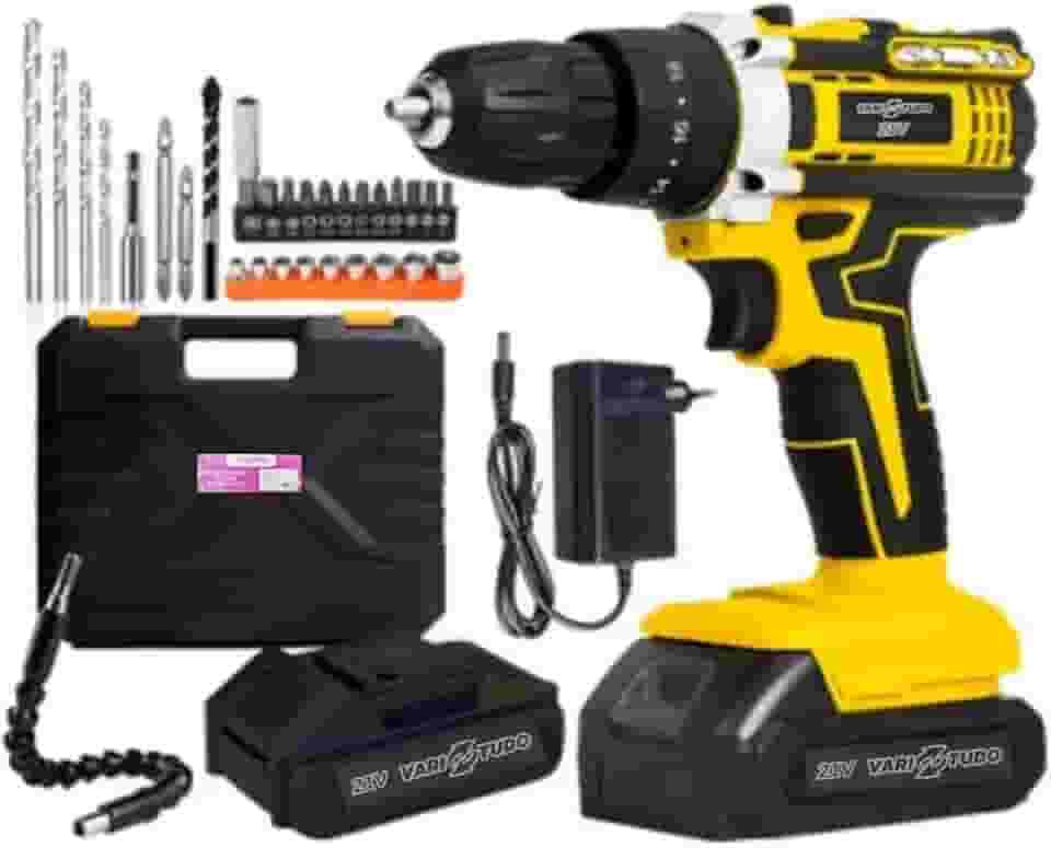 Furadeira e Parafusadeira de Impacto Sem Fio 21V com LED, 2 Baterias Recarregáveis Bivolt e 32 Acessórios - Maleta Completa para Uso Profissional e Doméstico