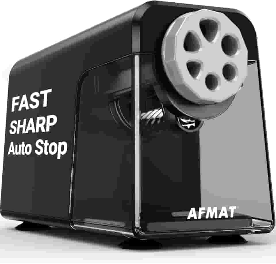 AFMAT Apontador de lápis elétrico resistente para sala de aula, 6 furos, apontador elétrico para casa, apontador de lápis para lápis de 6 a 11 mm, parada automática, super rápido, nunca coma lápis,