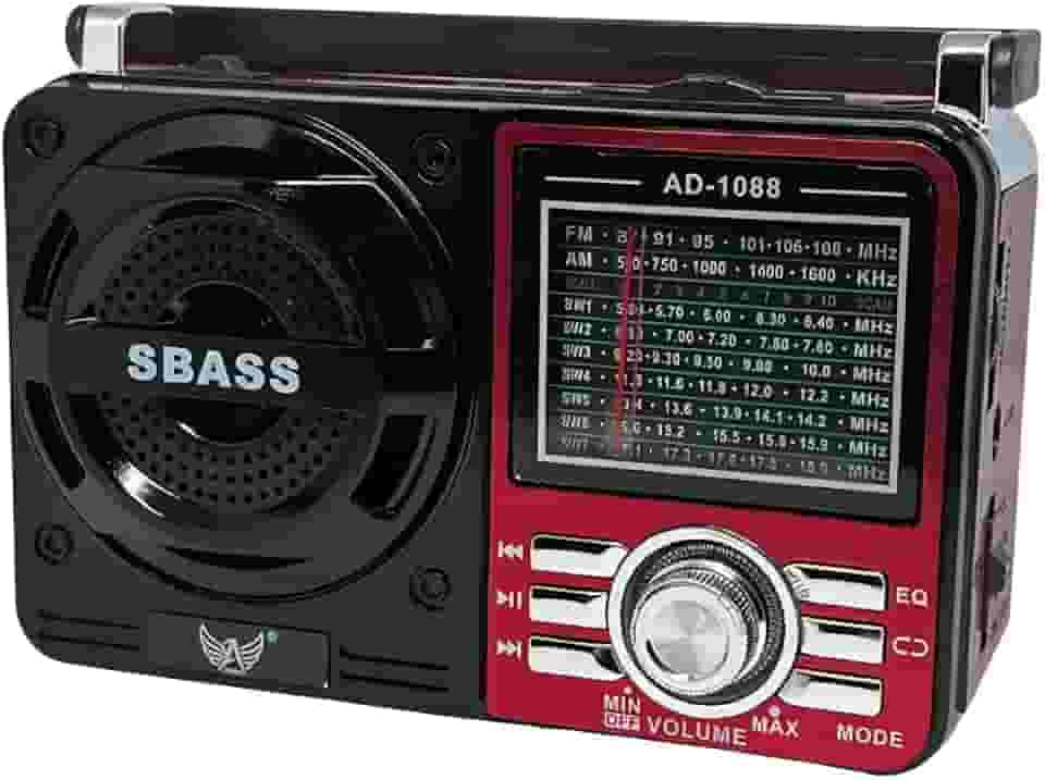 Rádio Portátil 1088 com Bluetooth Bivolt com USB Cartão SD Auxiliar P2 e Pilhas Entrada AC Recarregável AM FM SW (Vermelho)