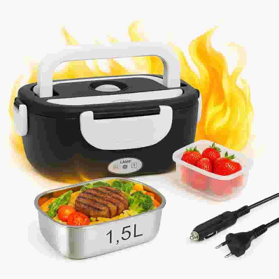 Marmita Elétrica Portátil Bivolt + 12V/24V – Com Aquecimento Rápido, Compartimentos e Tampa Vedada para Carro, Caminhão e Casa (Preto)