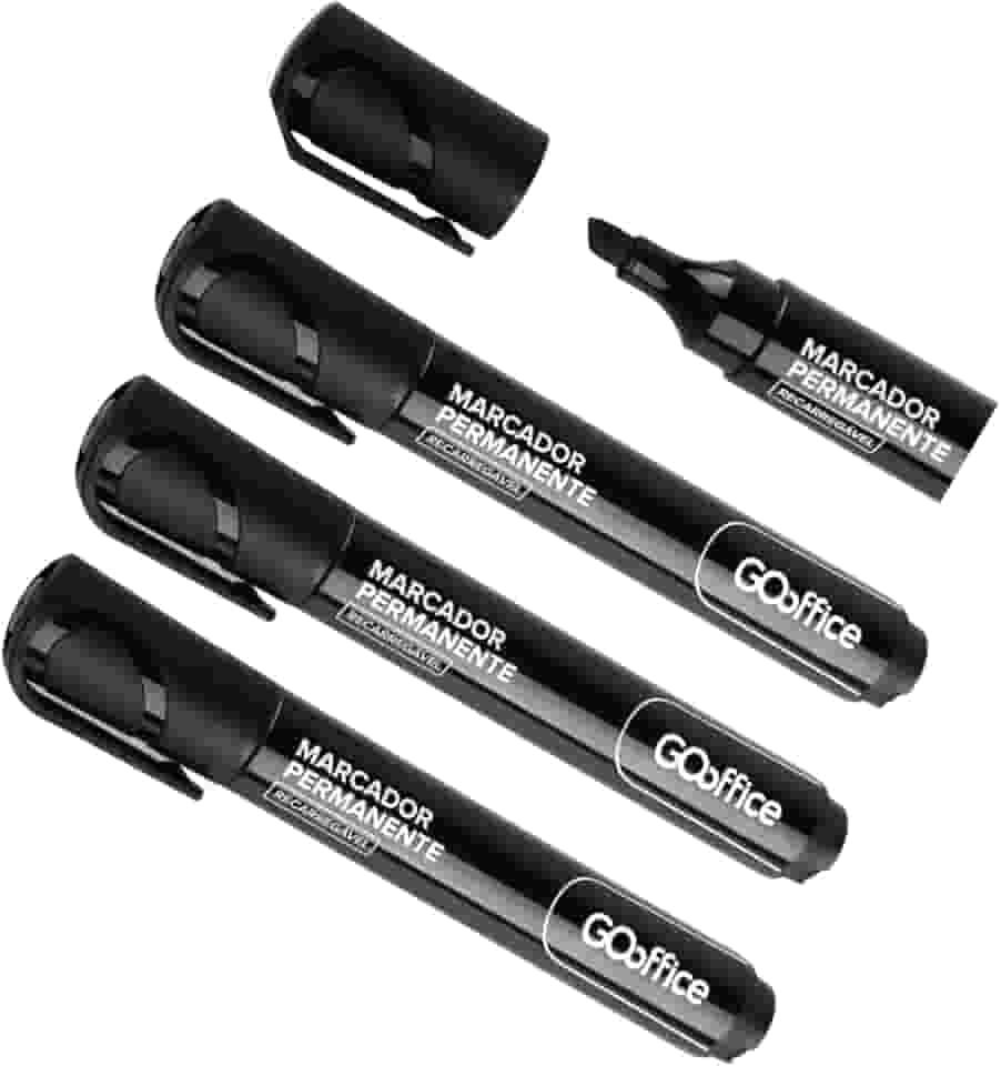 Go Office Marcador Permanente Preto Ponta Chanfrada 5mm Recarregável Pack com 4 Unidades Para Uso Profissional em Papel Papelão, MDF, EVA, Madeira e Vidro, Canetão, Pincel Marcador