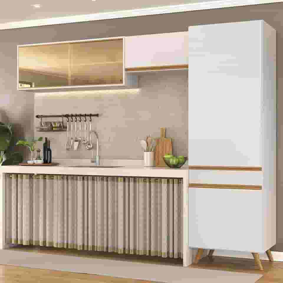 Armário Cozinha Modulada Compacta com Vidros 252cm 3 Peças Veneza Multimóveis Mp2300 Branco/dourado