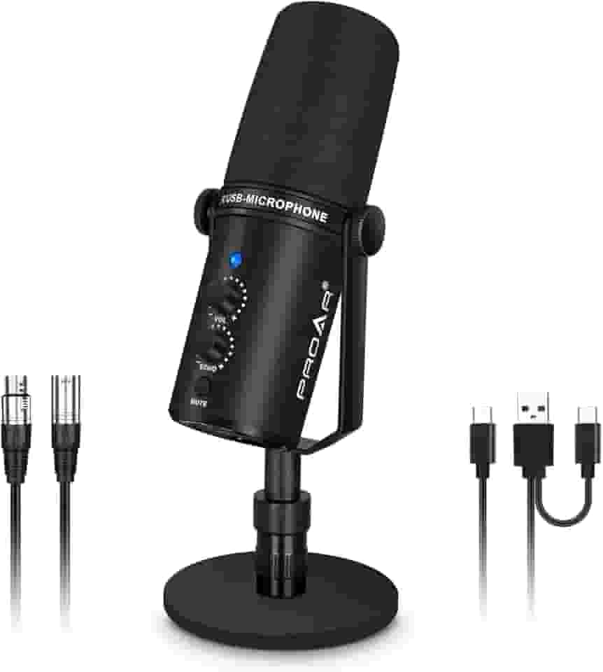 PROAR Microfone dinâmico XLR/USB, microfone de computador para podcast, gravação de vocal, transmissão ao vivo, jogos, locução, kit de microfone de estúdio profissional de metal com cancelamento de