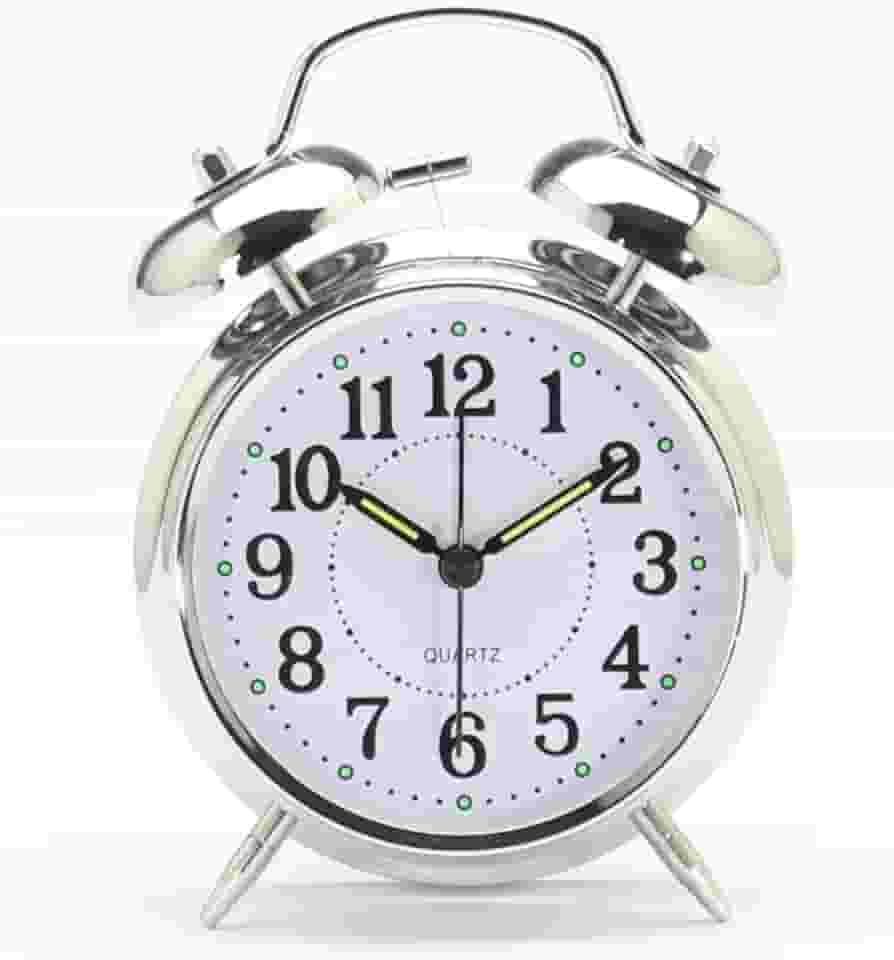 Relógio Despertador Analógico Vintage Antigo com Visor de 8 cm e LED para Visualização Noturna (Cromo)