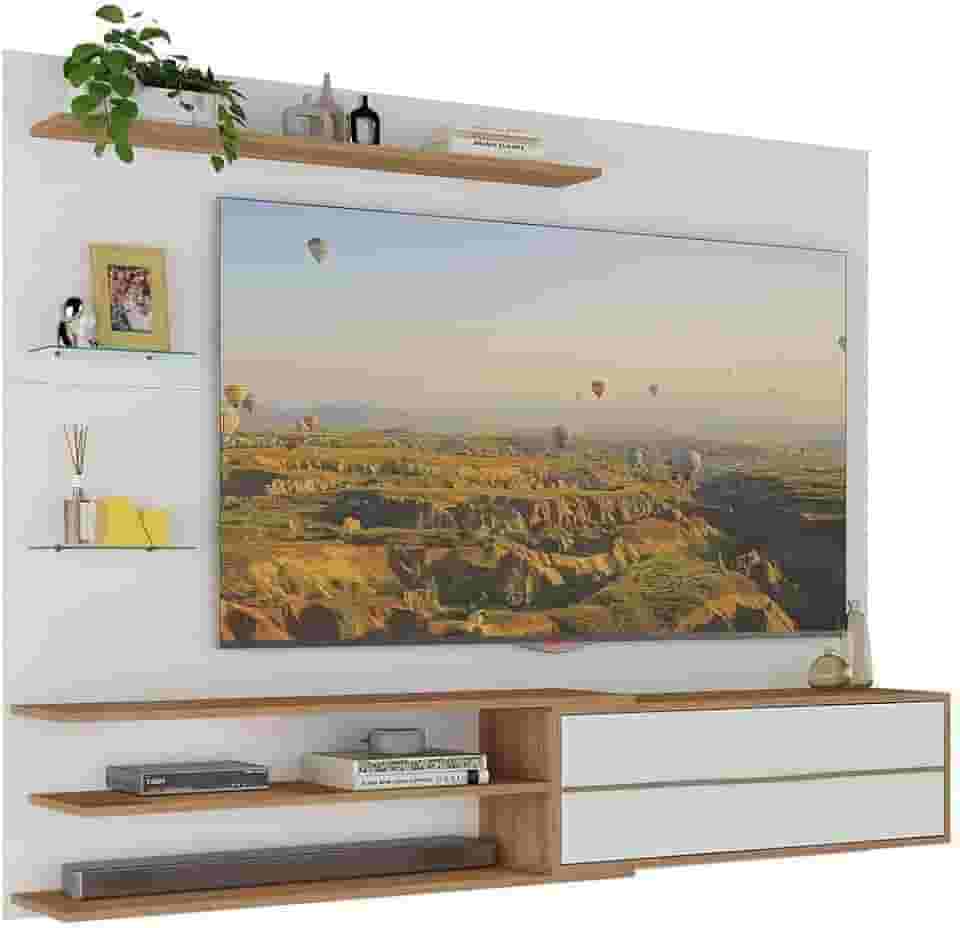 Painel para TV até 65” com 1 Porta Basculante e 5 Prateleiras – Multimóveis MP1064 Branco/Rustic, Design Moderno em MDP