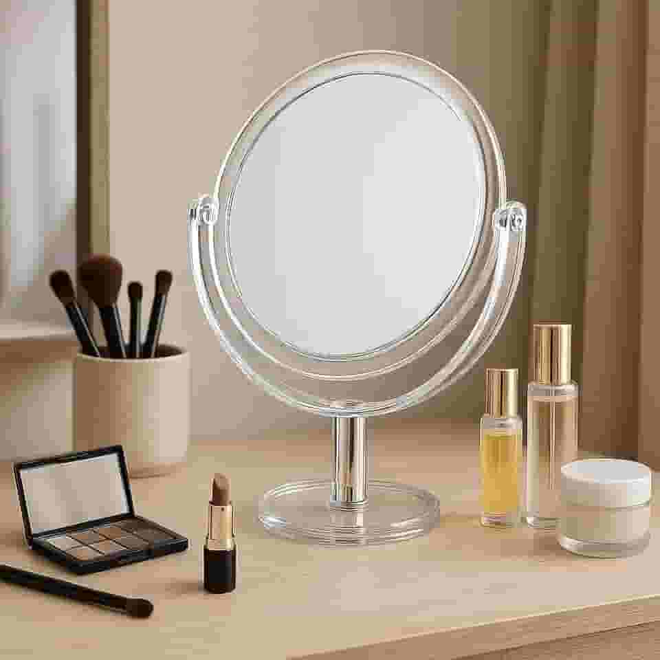 Espelho de Mesa Dupla Face 18x13 cm com Suporte Giratório 360º - Ideal para Maquiagem e Barbear