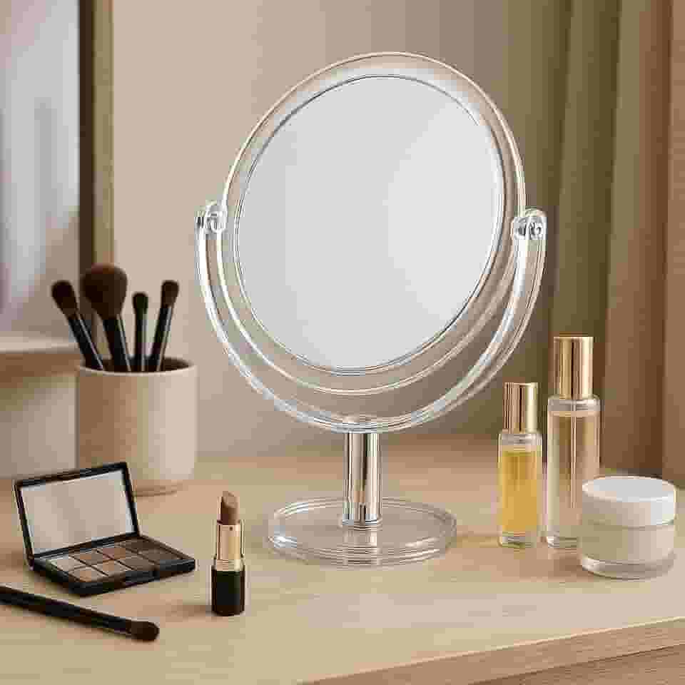 Espelho de Mesa Dupla Face 18x13 cm com Suporte Giratório 360º - Ideal para Maquiagem e Barbear