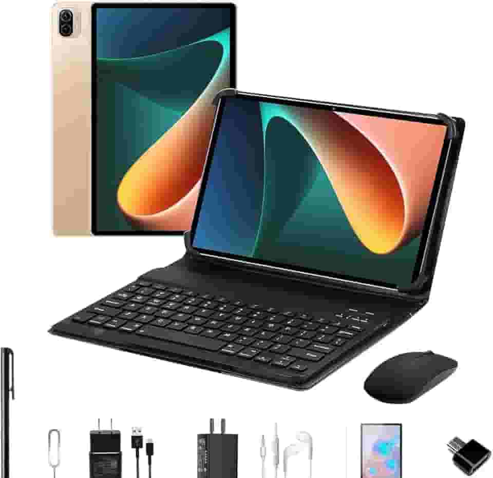 3 em 1 Tablet Pad 5 Pro, 10.1 Polegada Android 13 Tablet, 8GB+256GB com Teclado Capa Mouse, Processador Octa-Core, 32MP/16MP Câmera 8800mAh Bateria Dual SIM Slot (Dourado)