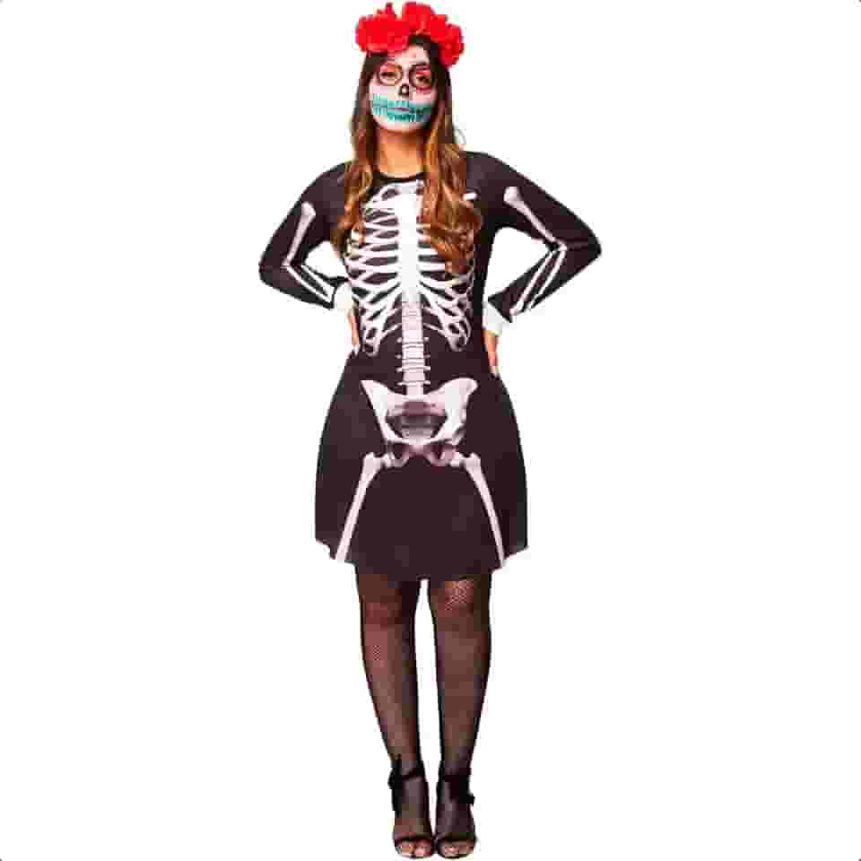 Fantasia Feminina Halloween Vestido Caveira Esqueleta de Manga Longa com Ossos