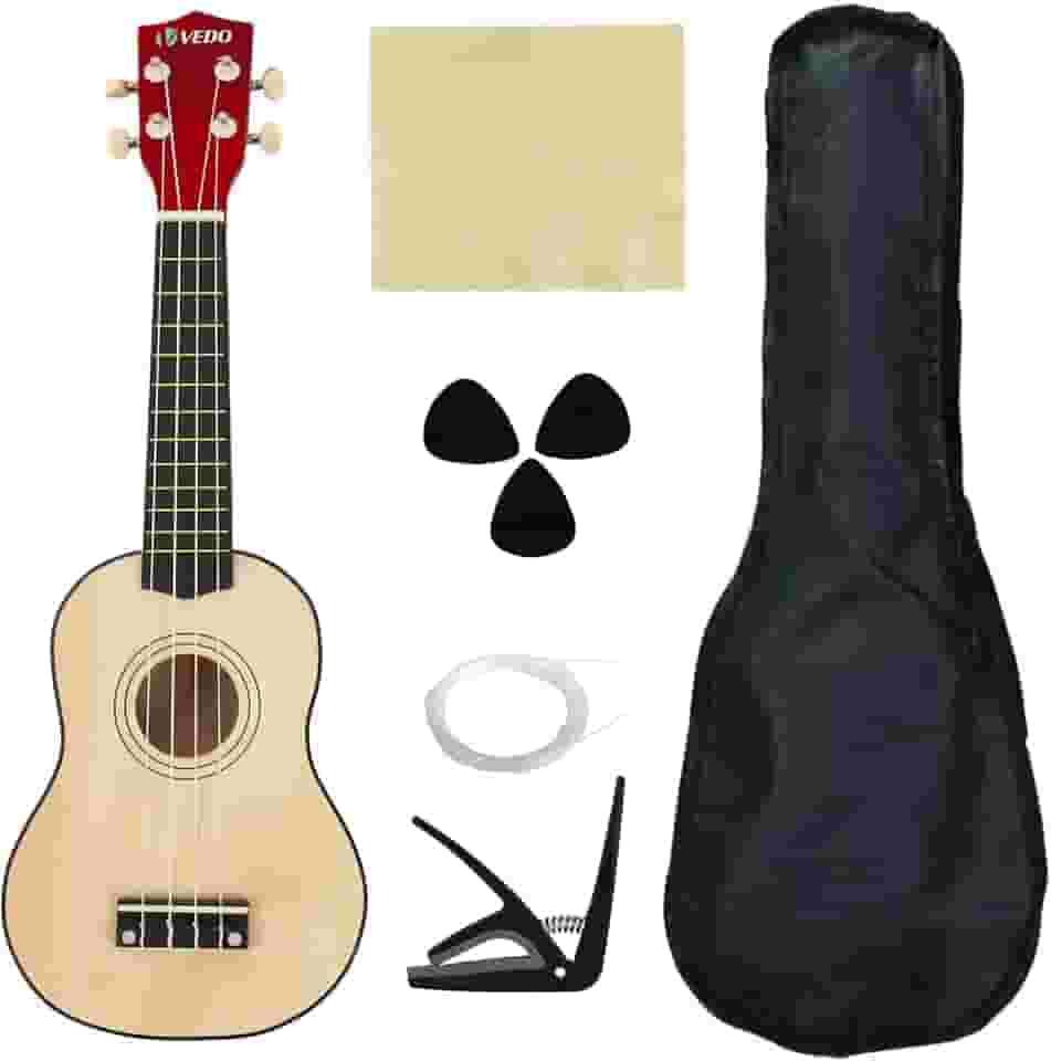 VEDO Ukulele Concert 23 Polegadas Bege - Kit Completo com Alça, Cordas, Capotraste e Pano de Limpeza | Feito em Madeira de Tília, Ideal para Iniciantes e Músicos Profissionais