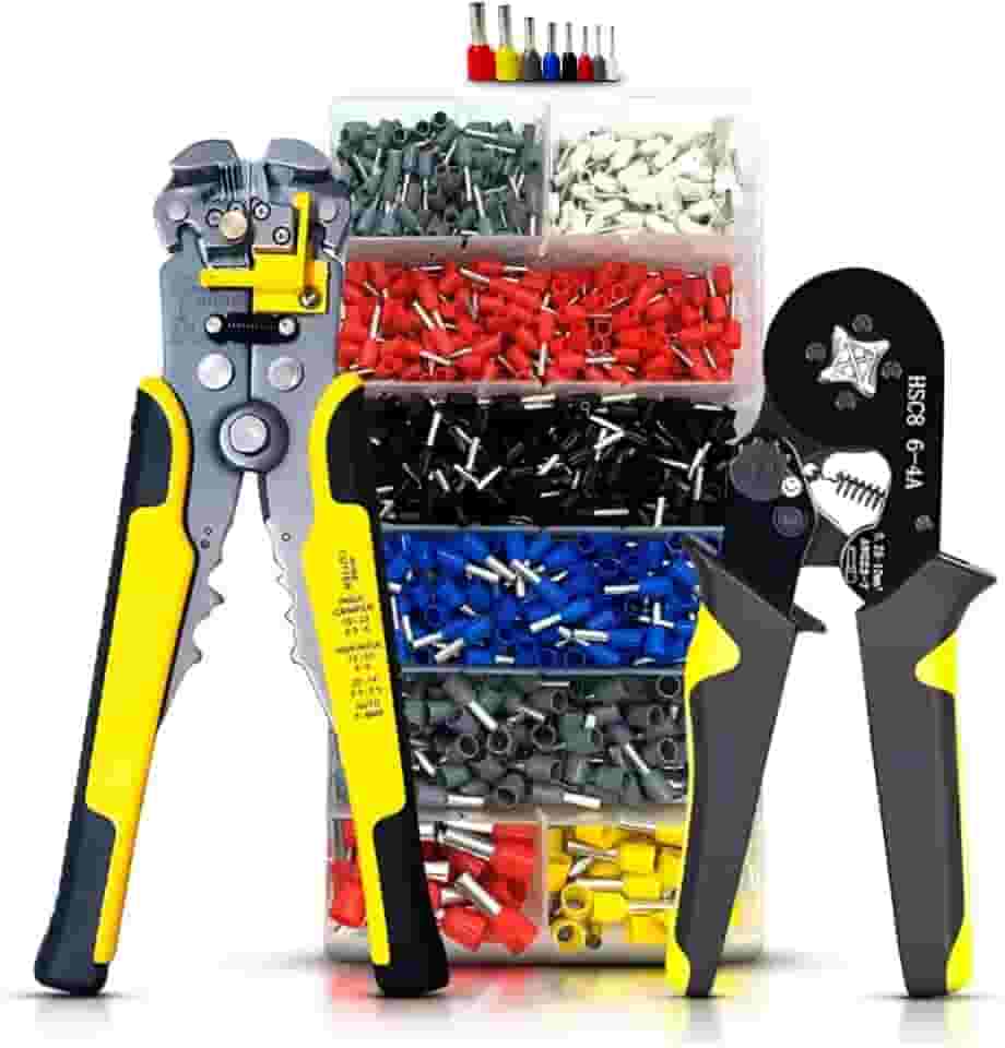 Kit Alicate de Crimpar Terminal + Alicate Descascador Decapador de Fio e Cabos 3 em 1 + Estojo Maleta de 1200 Terminal Tubular ilhós - Conjunto para Reparo Eletrico - Linha Profissional Premium