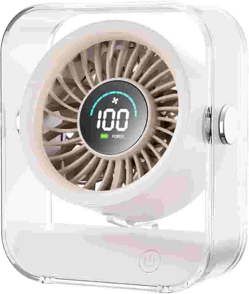Basike Ventilador de Mesa Mini com Display Digital, 100 Níveis de Velocidade Portátil Bateria 5000mAh de 7h, Anjo Ajustável 60°, Silencioso para Casa, Escritório e Viagens (Branco Areia)